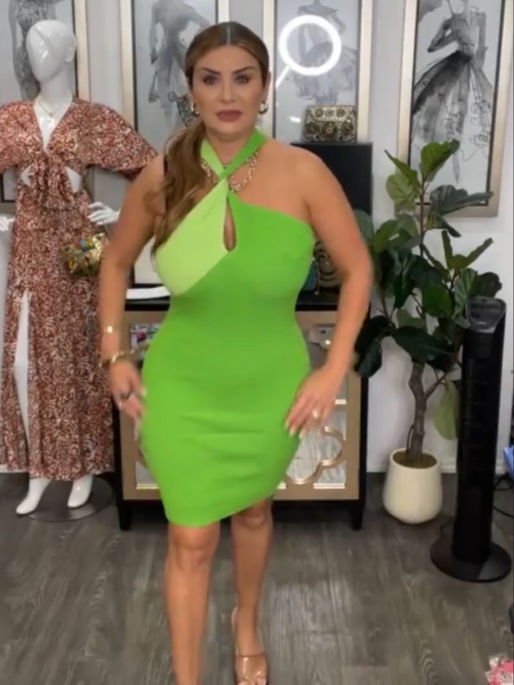Lime One-Shoulder Halter Bodycon Dress with Keyhole